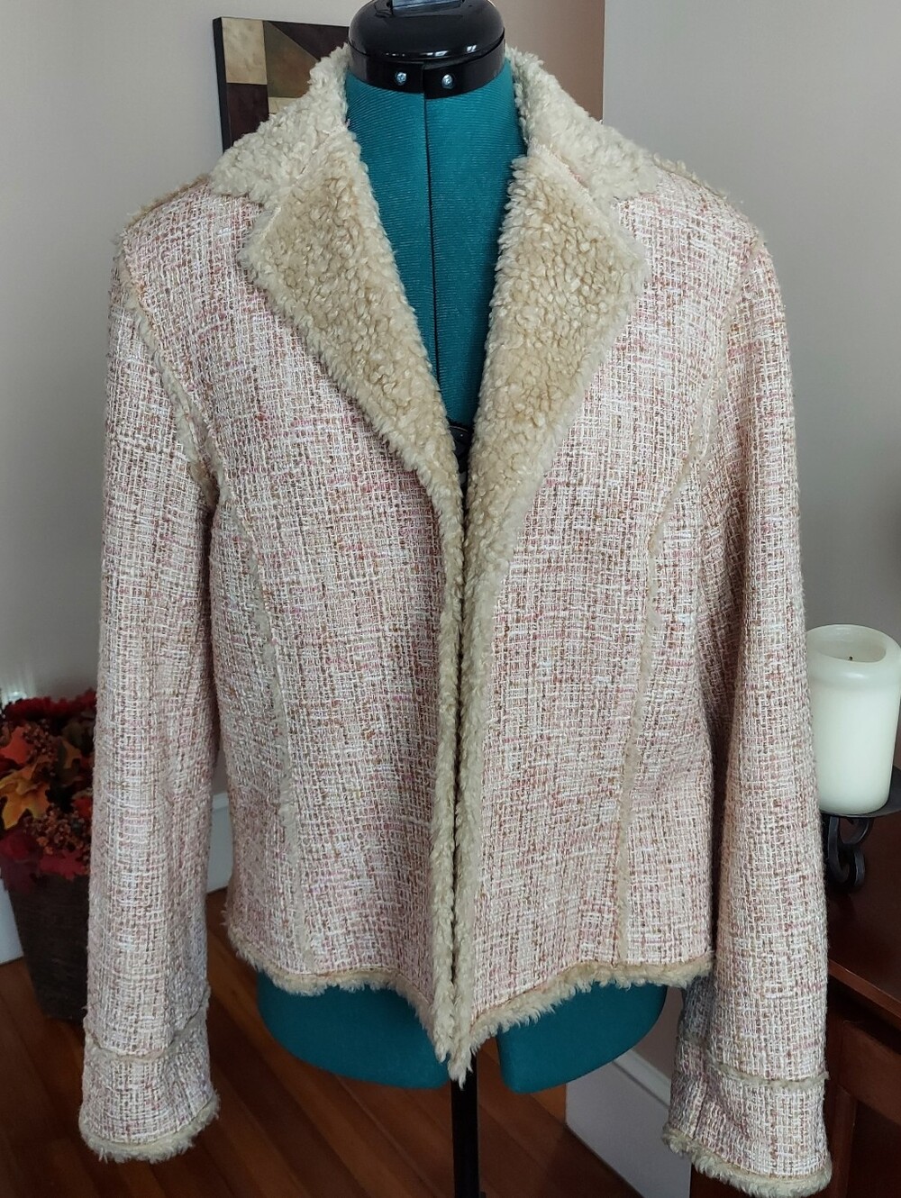 Dana Buchman Vintage 90's Tweed Tan Sherling Lined Jacket Women's 8